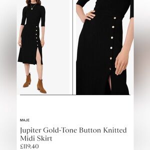 Maje Black Ribbed Skirt with Button Accents